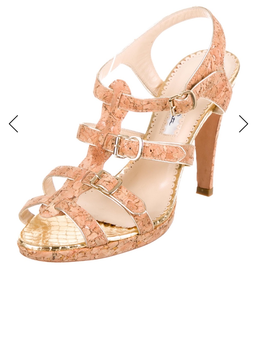 Oscar de la Renta Cork & Gold Strappy Sandal Heels | EU 36.5 / US 6.5